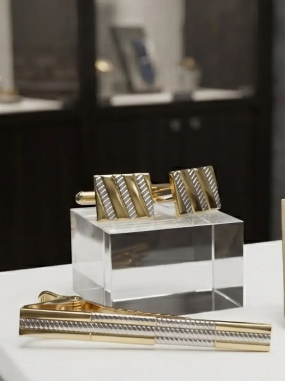 Gold-Tone & Silver-Tone Striped 3-Piece Cufflink and Tie Clip Set